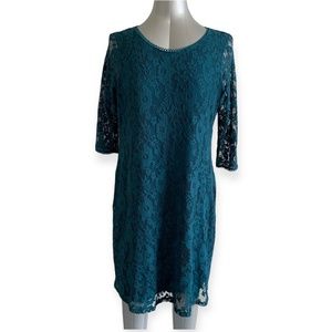 M&S Collection Women’s Green Lace Layered Stretch Dress 3/4 sleeves Size UK18/XL